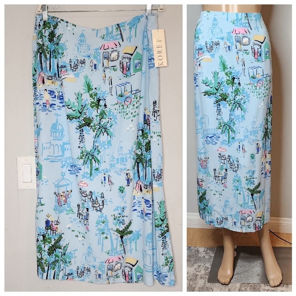 NWT Koret Scenic Blue Pullon Maxi Skirt. Size 16. Rayon. Parisian Beach.